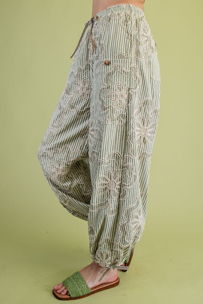 EMBROIDERED STRIPE PANTS, SAGE