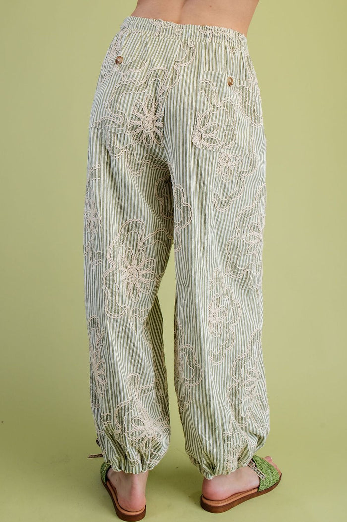 EMBROIDERED STRIPE PANTS, SAGE