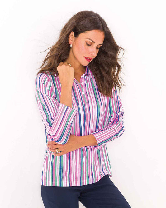 Esme Striped Long Sleeved Cotton Polo Top - The Classic Boutique