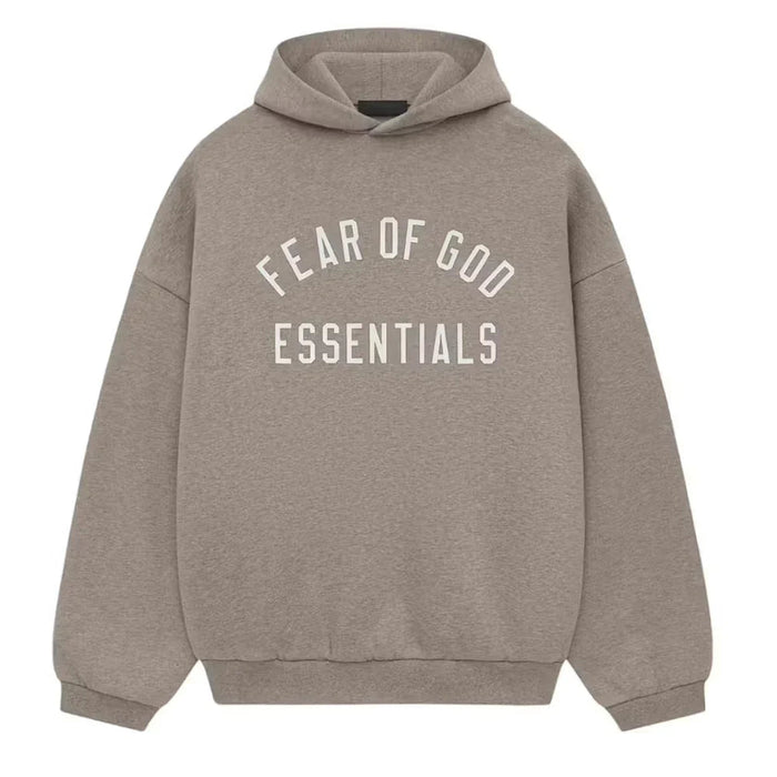 Fear of God Essentials Fleece Hoodie Heather Gray front with felt chest logo