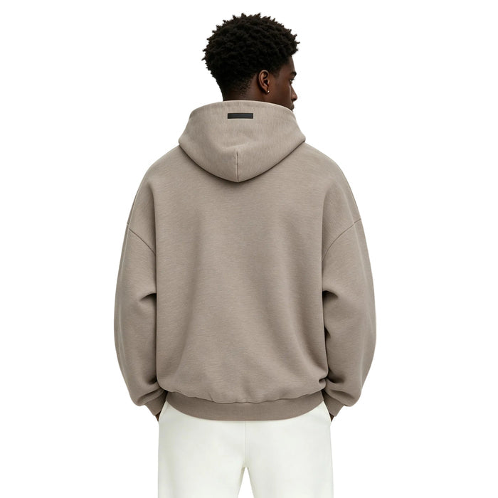 Fear of God Essentials Fleece Hoodie Heather Gray worn from the back