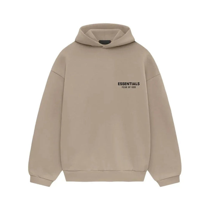 Fear of God Essentials Fleece Hoodie II Desert Sand front with chest logo