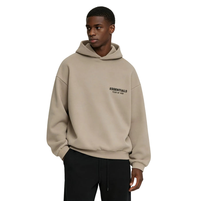 Fear of God Essentials Fleece Hoodie II Desert Sand worn from the front