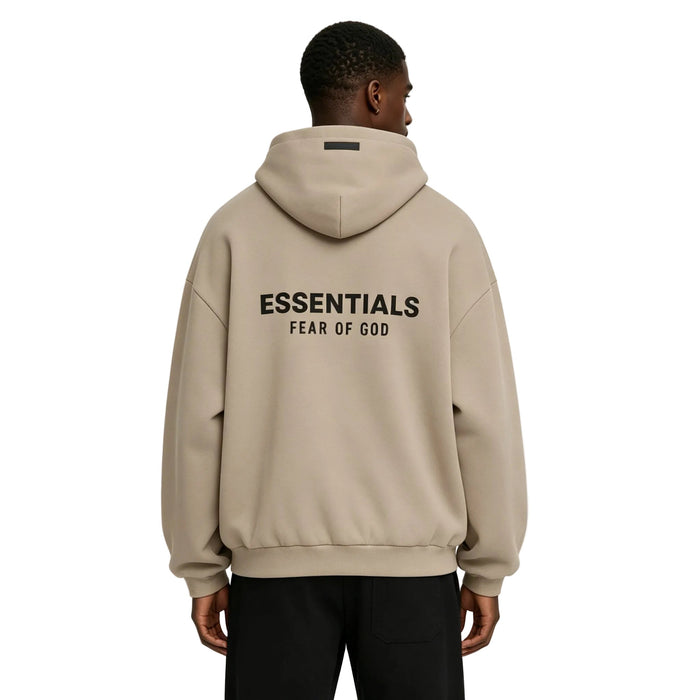 Fear of God Essentials Fleece Hoodie II Desert Sand worn from the back