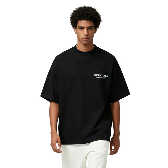 Fear of God Essentials Jersey Crewneck T-Shirt Black worn from the front