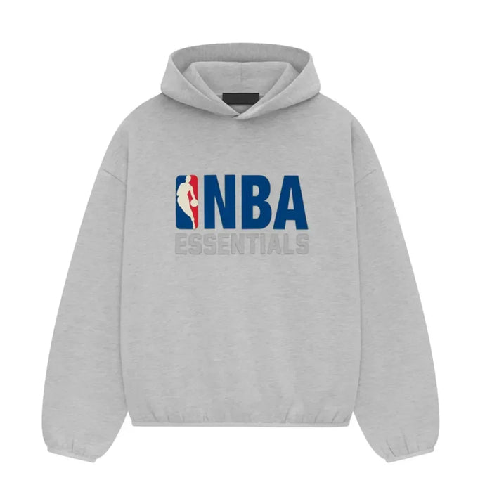 Fear of God Essentials NBA Hoodie Light Heather front with NBA Essentials graphic