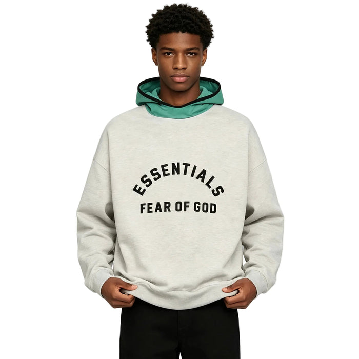 Fear Of God Essentials SS24 Nylon Fleece Hoodie Light Heather Grey/Mint Leaf - AFewVibe