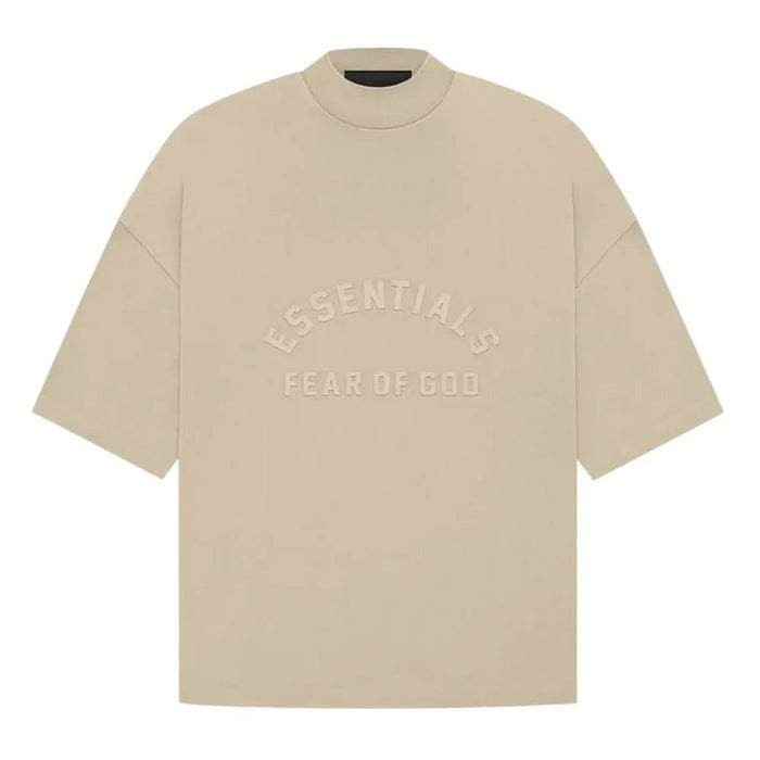 Fear of God Essentials Tee Dusty Beige front with curved logo