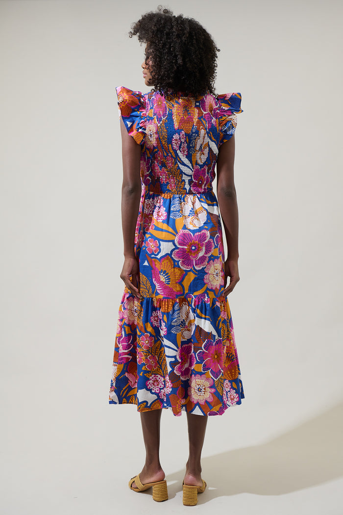 Eveline Floral Giza Glare Smock Tiered Midi Dress