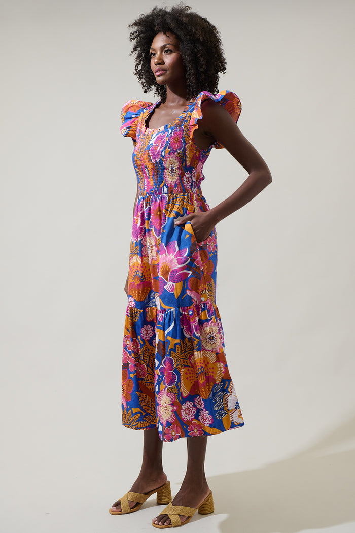 Eveline Floral Giza Glare Smock Tiered Midi Dress
