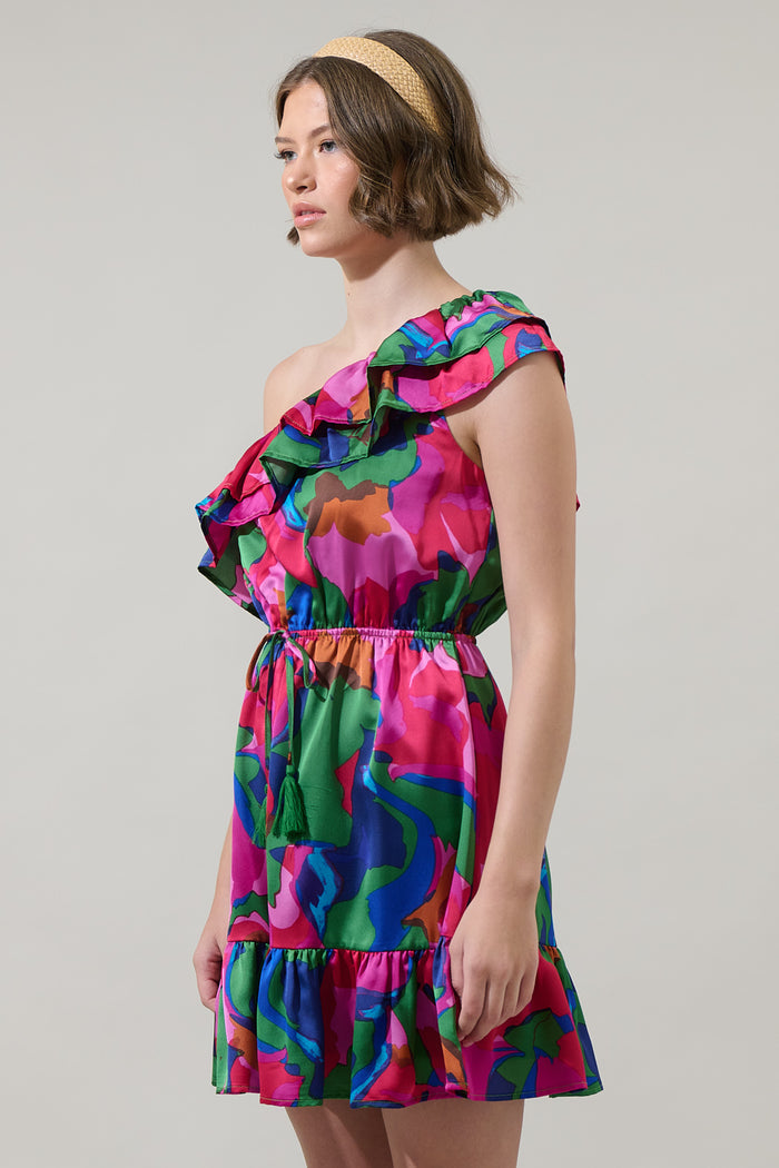 Evolet Floral Paradise Satin One Shoulder Mini Dress