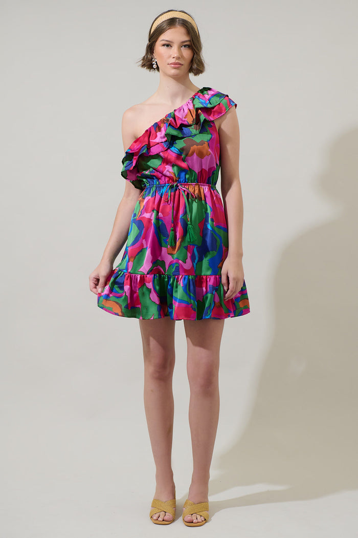 Evolet Floral Paradise Satin One Shoulder Mini Dress
