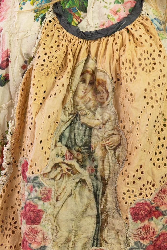 Magnolia Pearl artisan vintage blouse with eyelet lace, floral patchwork, and whimsical art