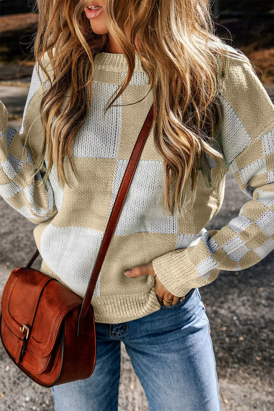 Flaxen Checkered Print Drop Shoulder Sweater - S / 100% Acrylic - Sweaters & Cardigans/Sweaters