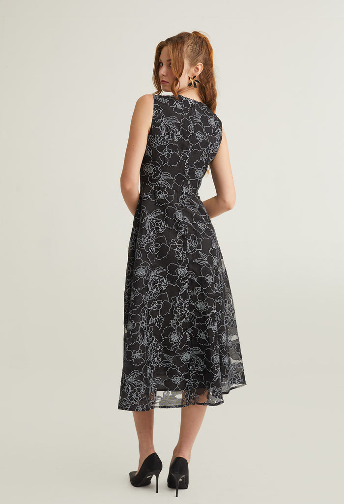 Floral Contrast Embossed Layered Midi Dress