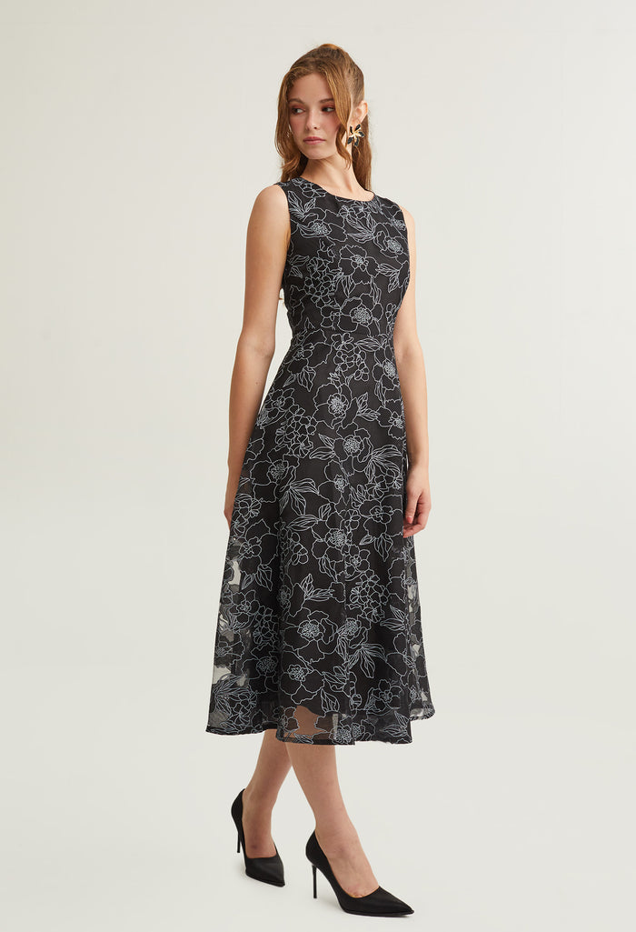 Floral Contrast Embossed Layered Midi Dress
