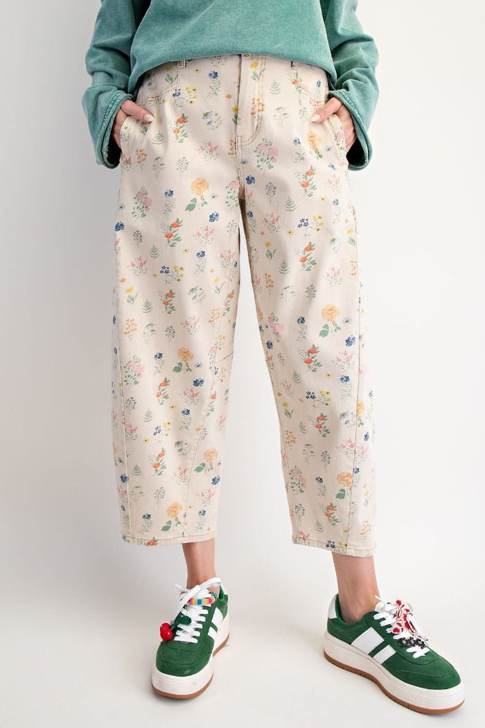 FLORAL PRINTED BARREL PANTS, KHAKI