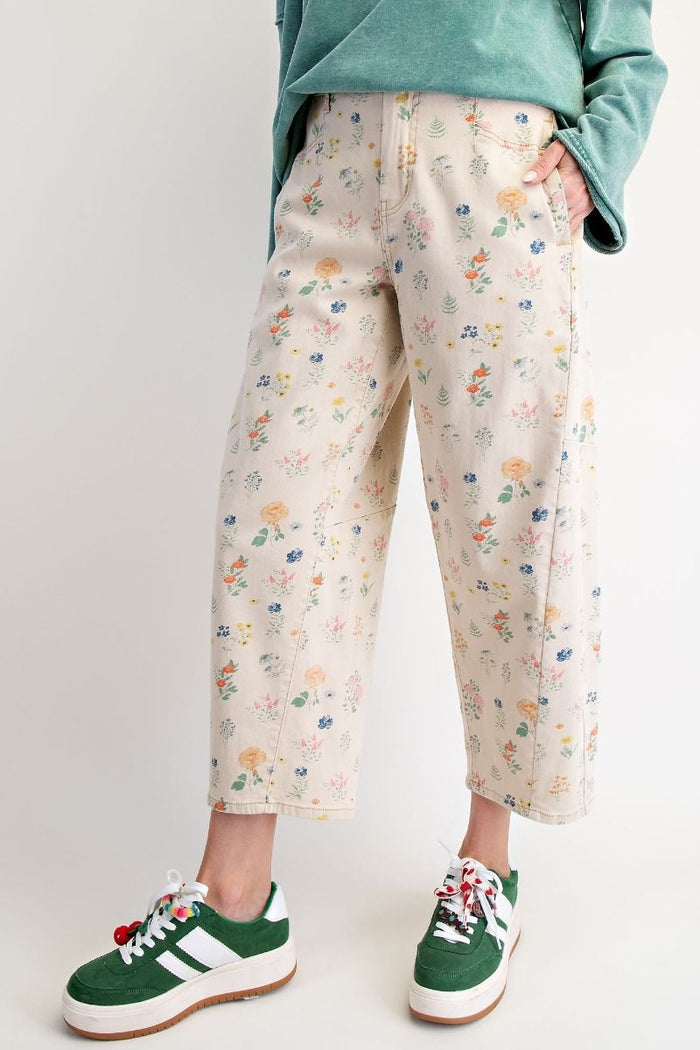 FLORAL PRINTED BARREL PANTS, KHAKI
