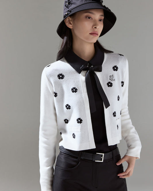 Flower Jacquard Open Ribbon Cardigan (Ivory)