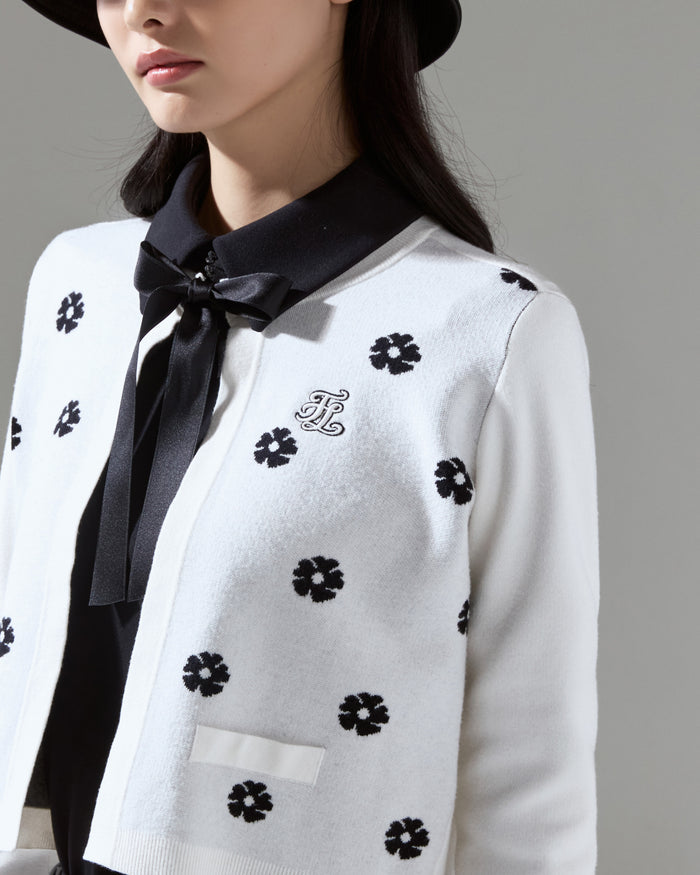 Flower Jacquard Open Ribbon Cardigan (Ivory)