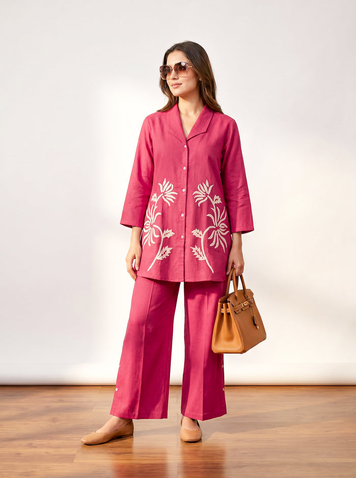 Fuchsia Floral Embroidery Shirt Collar Cotton Flex Co-ord Set