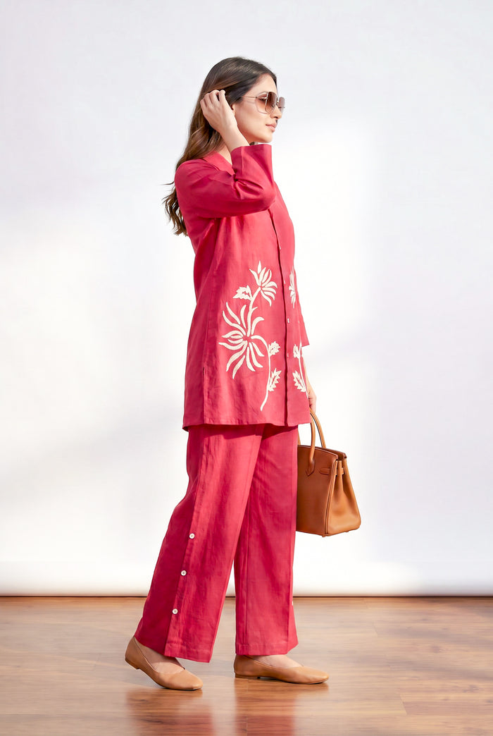 Fuchsia Floral Embroidery Shirt Collar Cotton Flex Co-ord Set