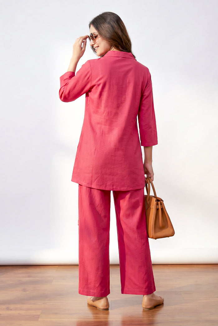 Fuchsia Floral Embroidery Shirt Collar Cotton Flex Co-ord Set