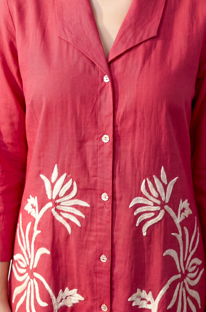 Fuchsia Floral Embroidery Shirt Collar Cotton Flex Co-ord Set