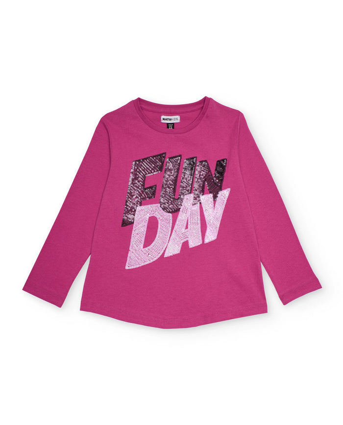 Fuchsia long sleeve T-shirt with "FUN DAY" print
