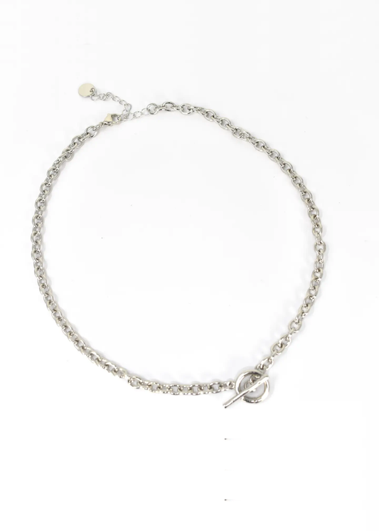 A silver-toned chain necklace with a toggle clasp and an adjustable extender chain, displayed on a plain white background.