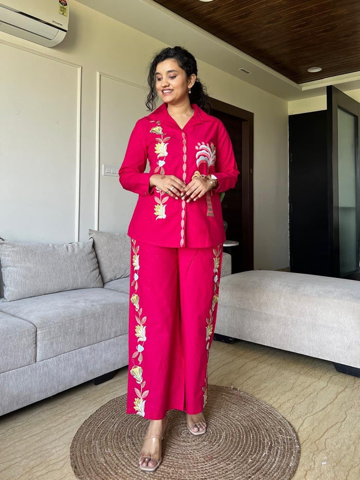 Gia Embroidered Coord Set- Dark Pink