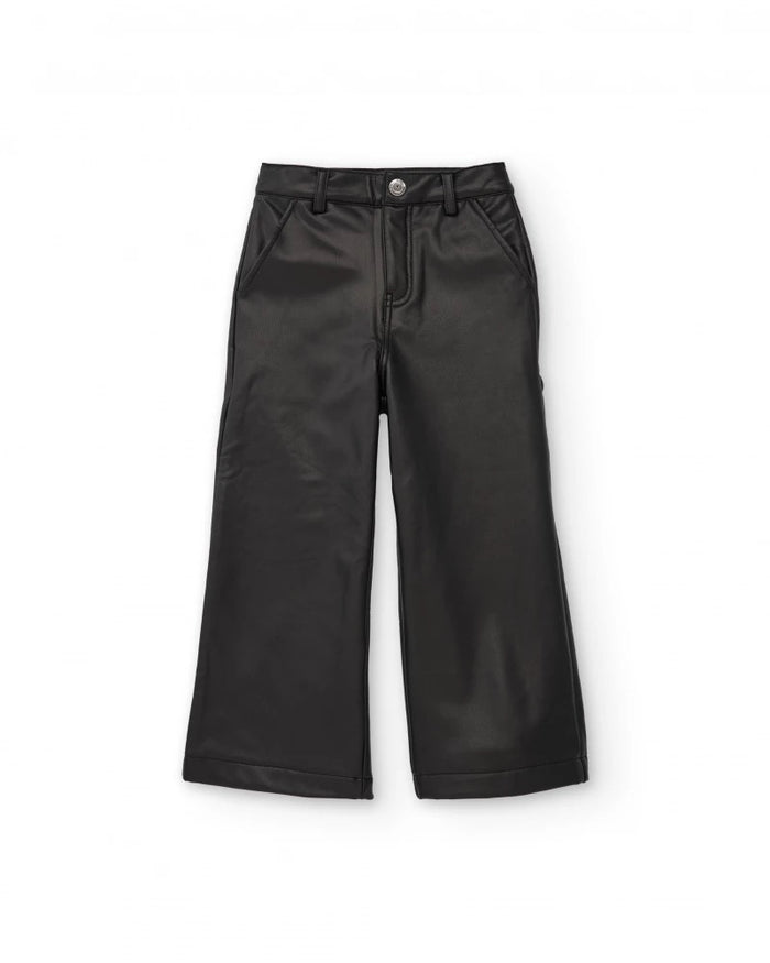 Girls’ black faux leather wide-leg trousers