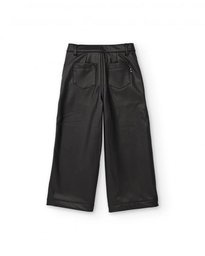 Girls’ black faux leather wide-leg trousers