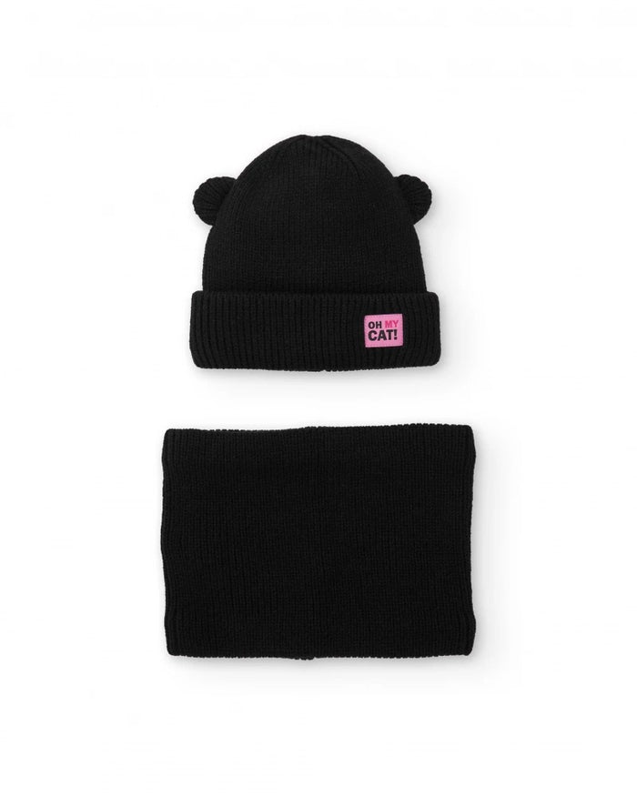 Girls' black knit hat and neck warmer set with ears