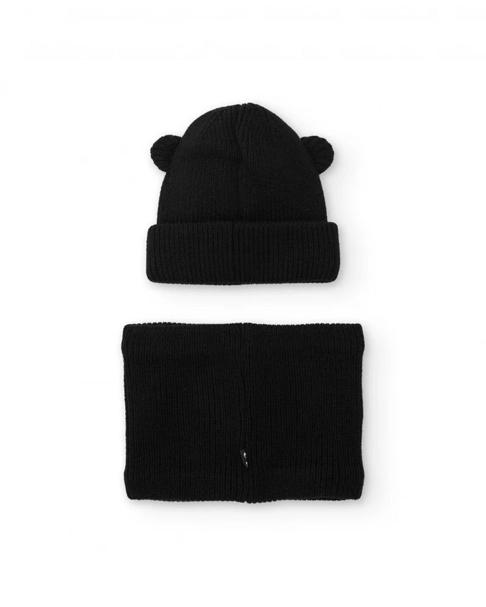Girls' black knit hat and neck warmer set with ears