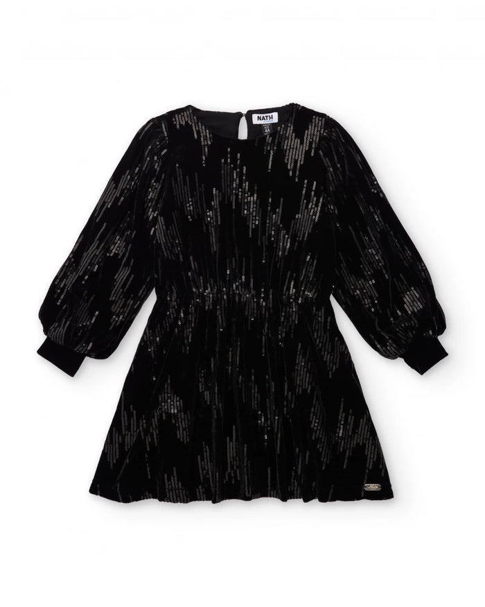 Girls’ black velvet dress with sequins and long sleeves