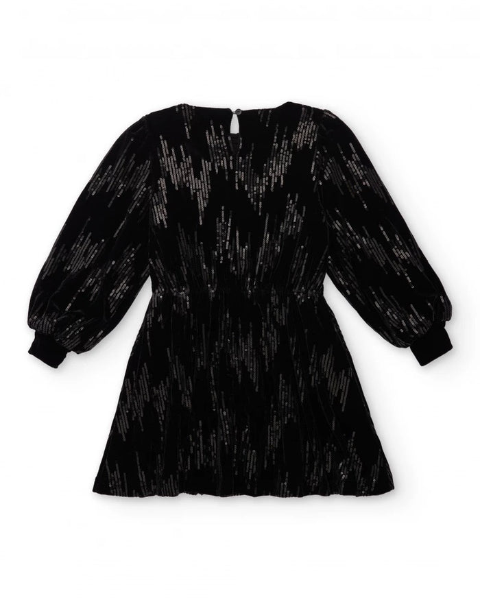 Girls’ black velvet dress with sequins and long sleeves