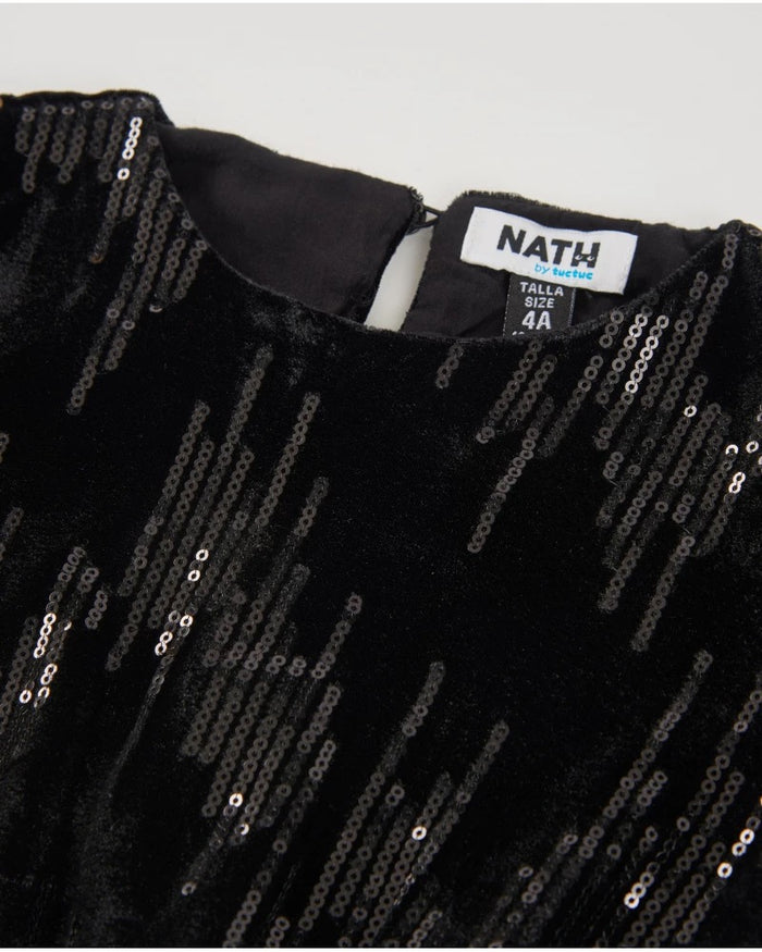 Girls’ black velvet dress with sequins and long sleeves