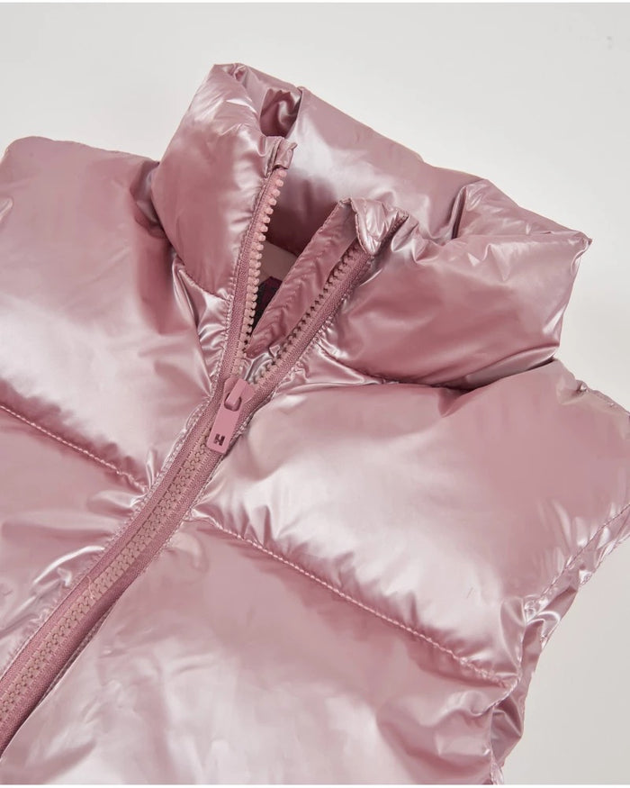 Girls’ metallic pink padded vest with zipper and high neck