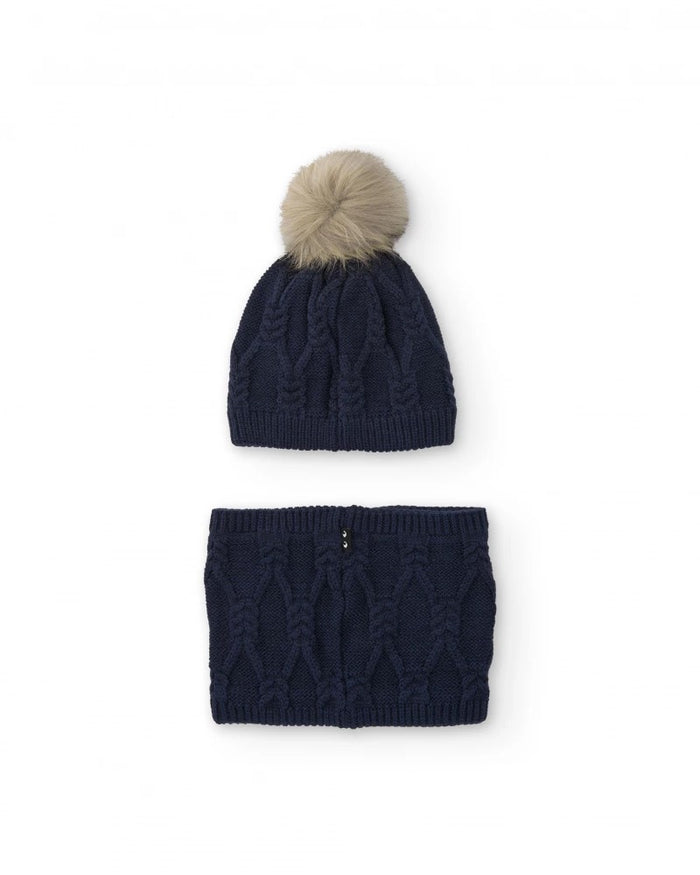 Girls’ navy blue knit hat and neck warmer set with faux fur pom-pom