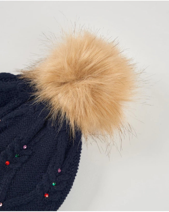 Girls’ navy blue knit hat and neck warmer set with faux fur pom-pom