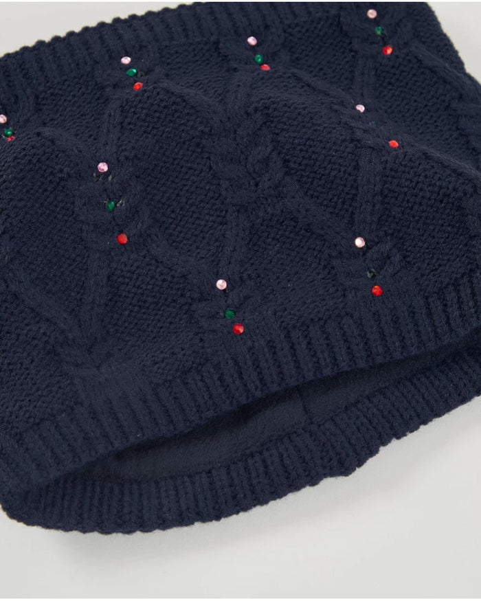 Girls’ navy blue knit hat and neck warmer set with faux fur pom-pom