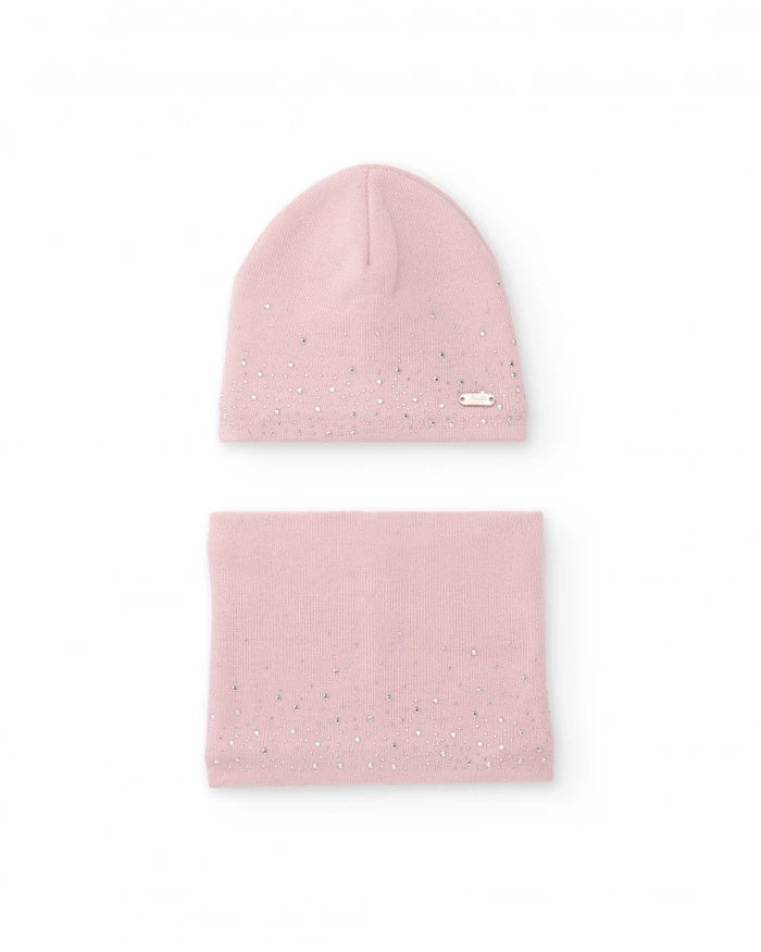 Girls’ pink knit hat and neck warmer set with strass details