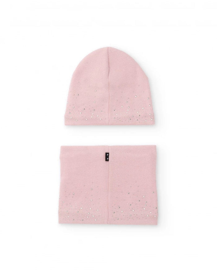 Girls’ pink knit hat and neck warmer set with strass details
