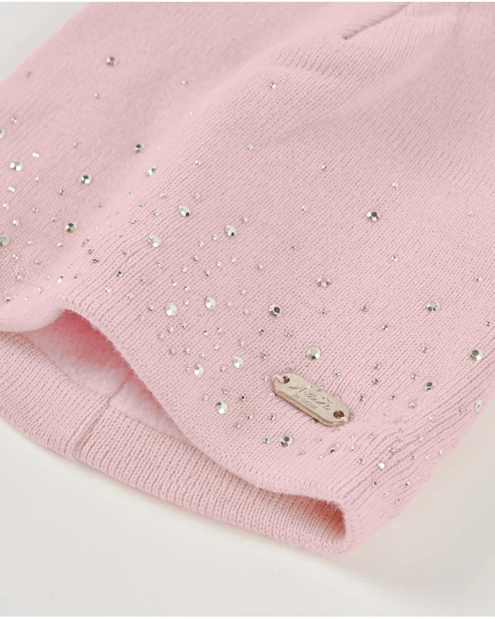 Girls’ pink knit hat and neck warmer set with strass details