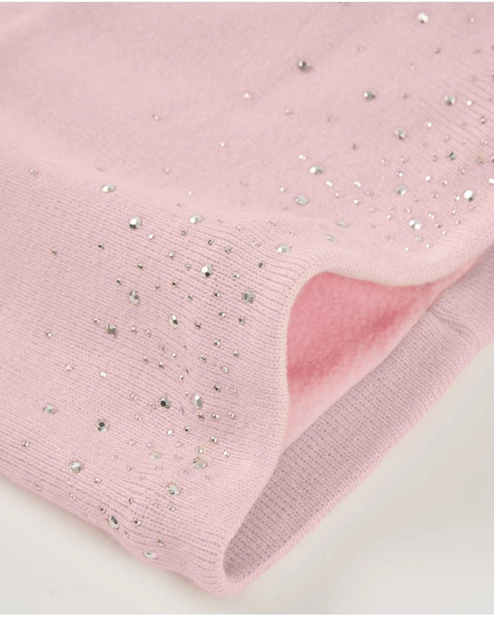 Girls’ pink knit hat and neck warmer set with strass details