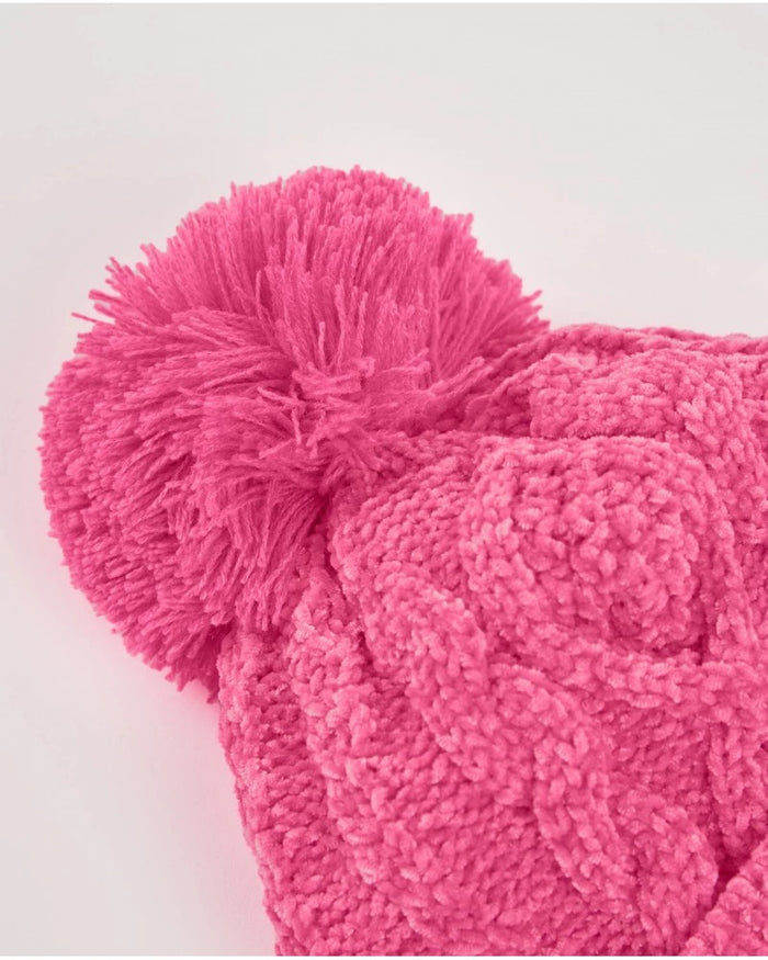 Girls’ pink knit hat and scarf set with pompom