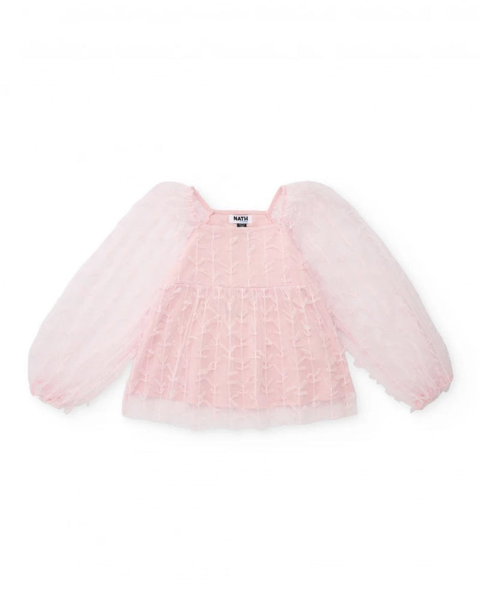 Girls’ pink tulle blouse with puff sleeves
