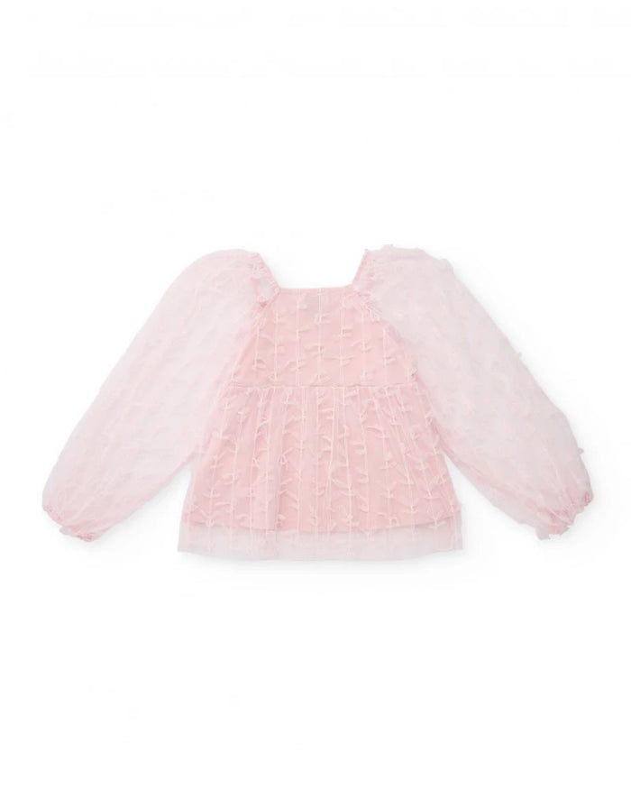 Girls’ pink tulle blouse with puff sleeves