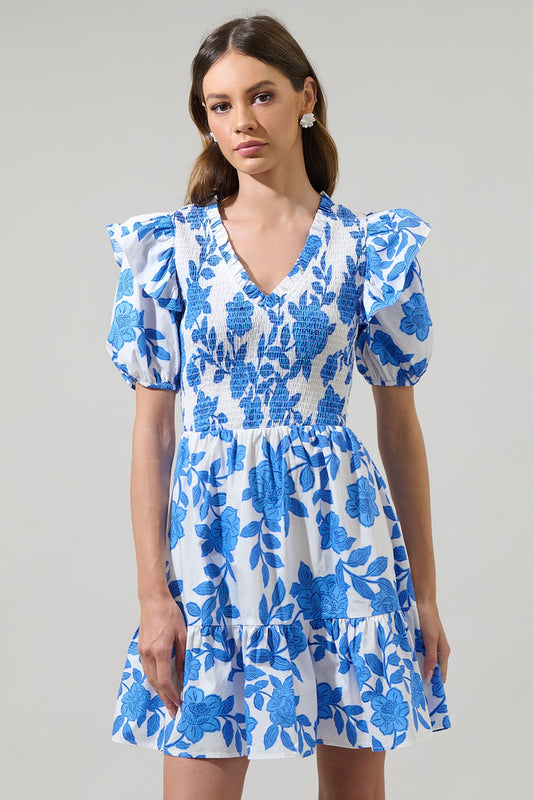 Glantis Floral Leones Smocked Mini Dress